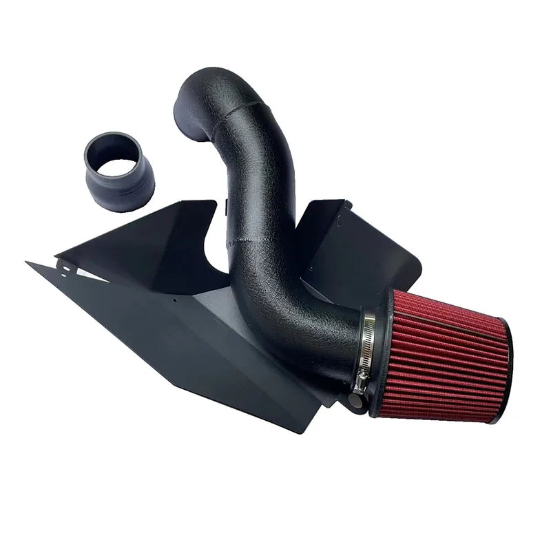 Car air intake system with red filter on a white background