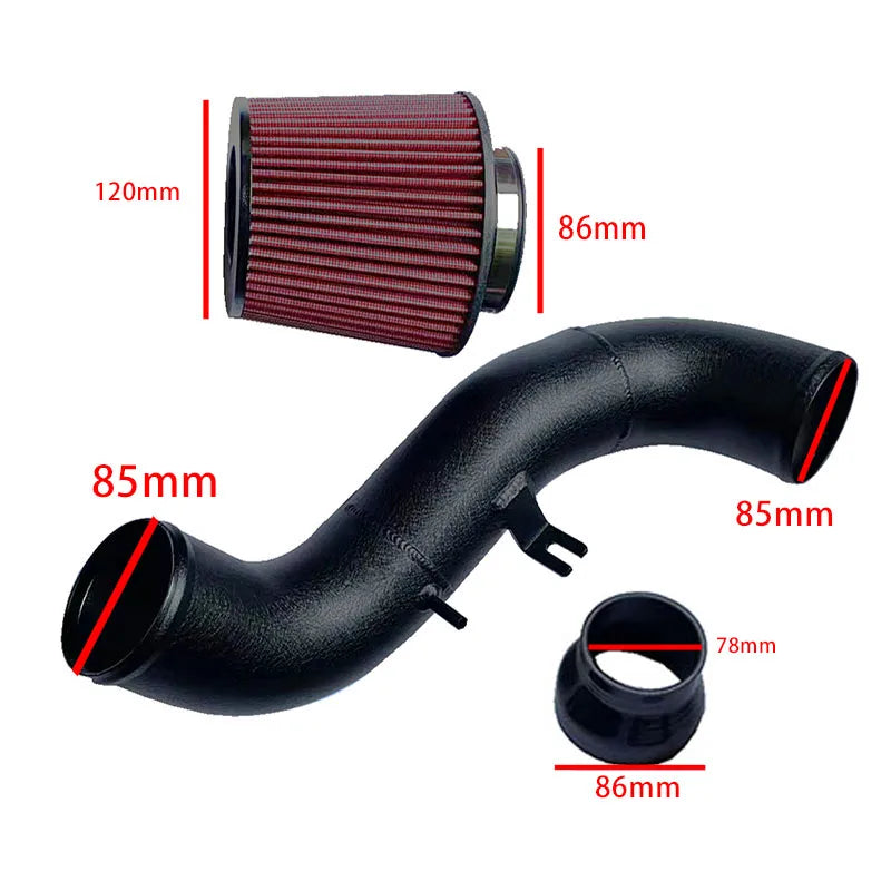 Car air intake system with dimensions labeled on a white background