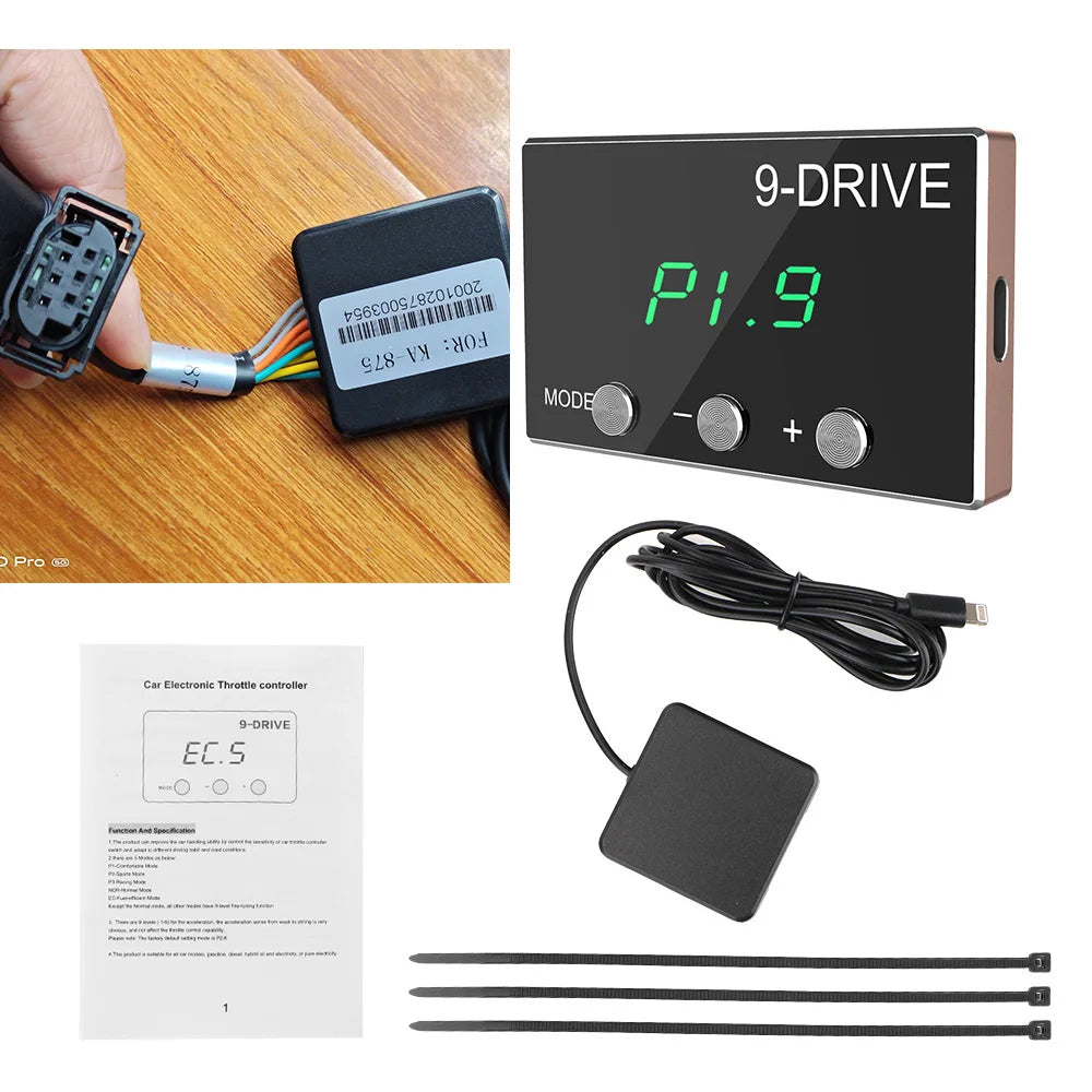 9-Drive electronic throttle controller with wiring, power cable, and manual on a white background