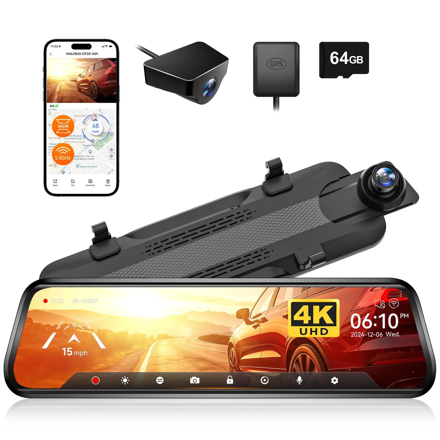 WOLFBOX G930 Rear View Mirror Camera and Dash Cam 4K