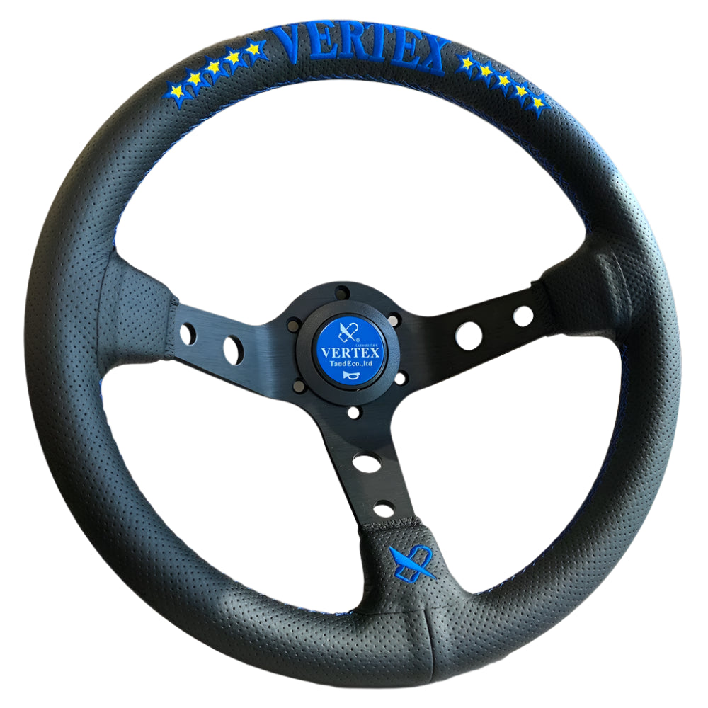 Steering wheel with blue 'Vertex' branding