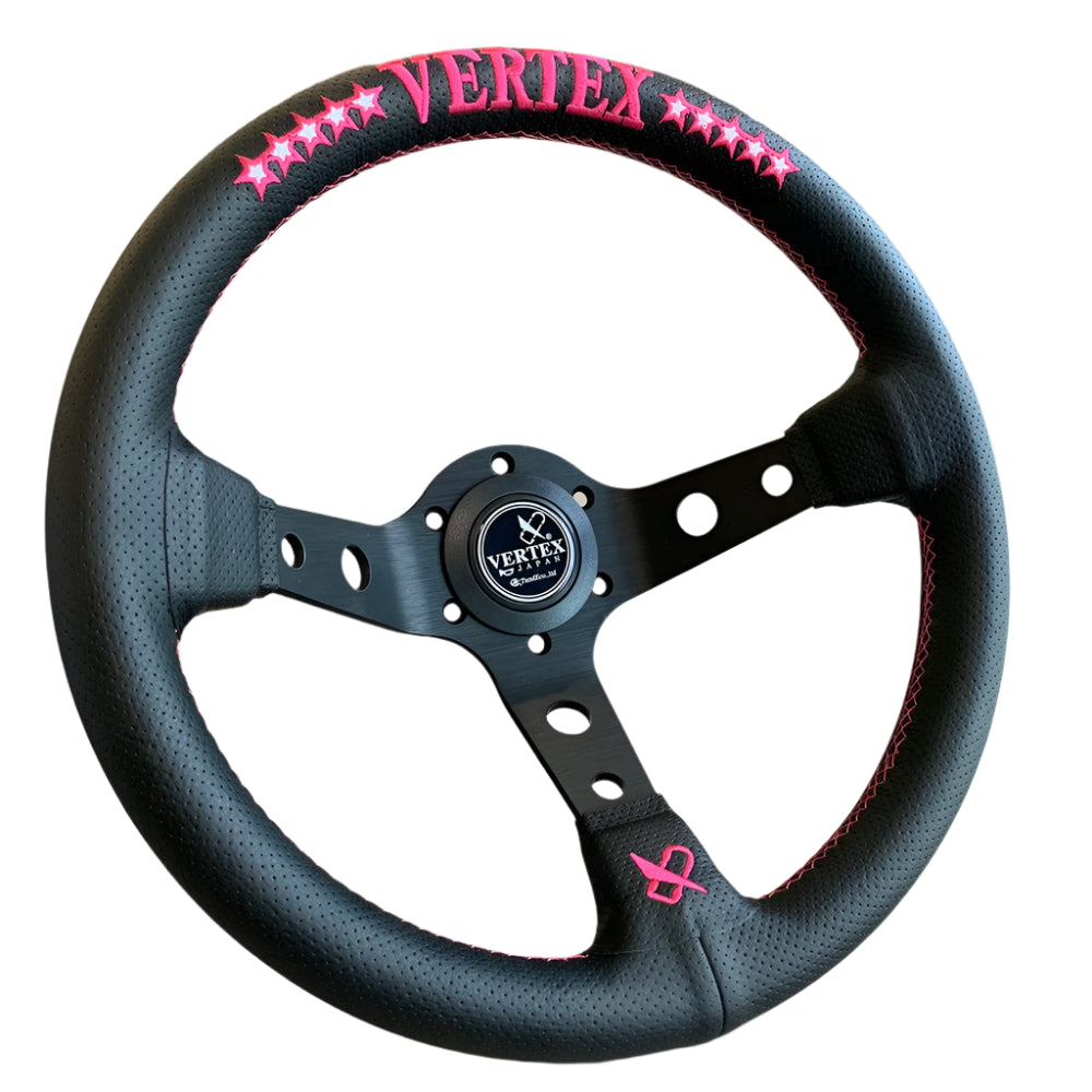 Black steering wheel with pink accents and 'Vertex' branding on a neutral background