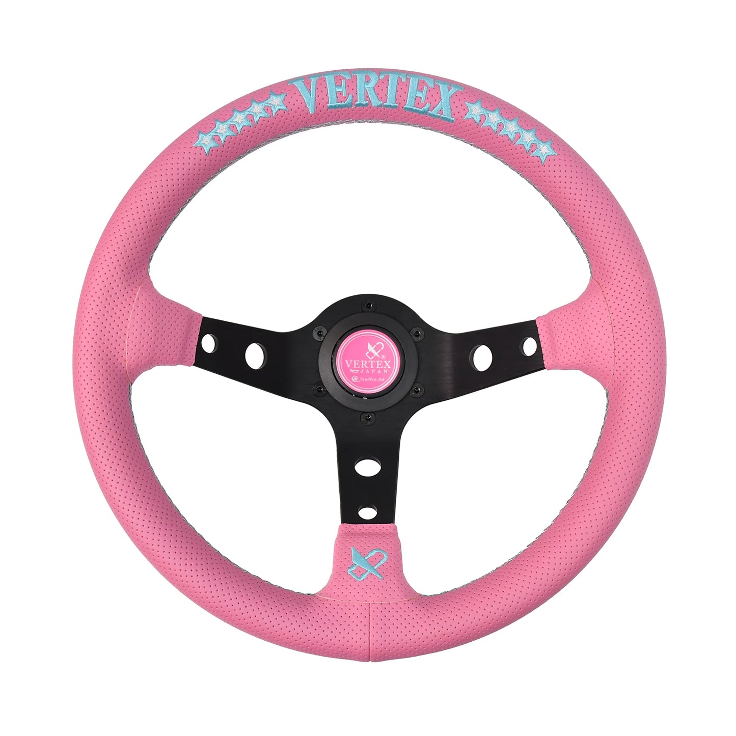 Pink steering wheel with 'Vertex' branding on a white background
