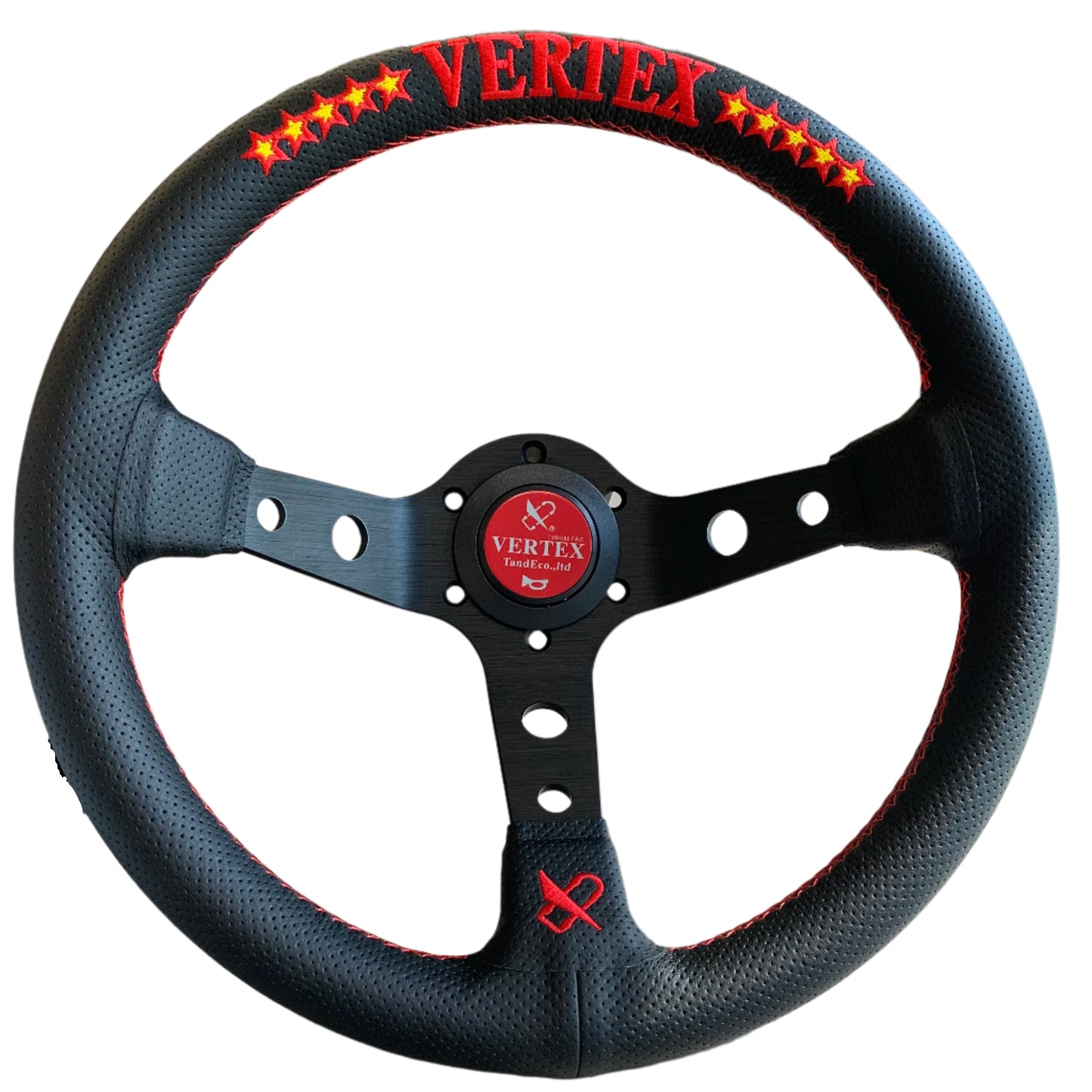 Steering wheel with 'VERTEX' branding on a neutral background