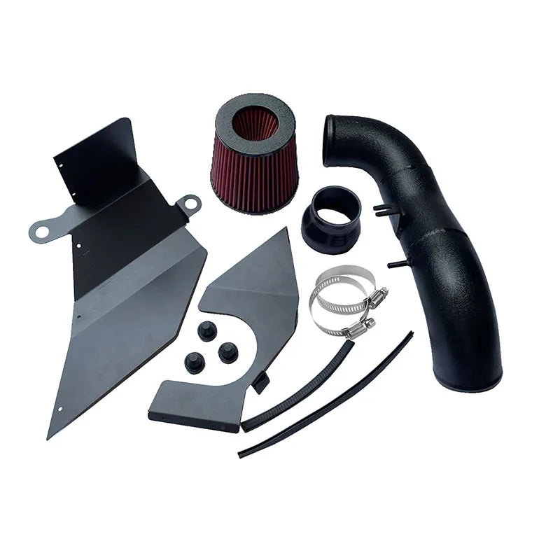 Collection of automotive parts including a black intake pipe, red air filter, and various metal components on a white background.