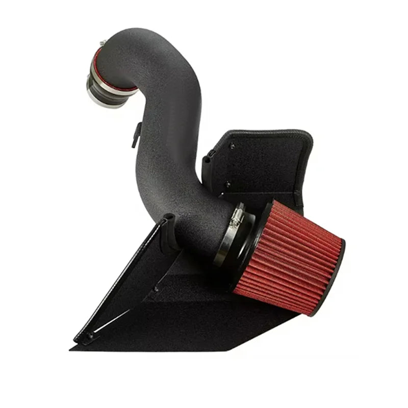 Car air intake system with red filter on a white background