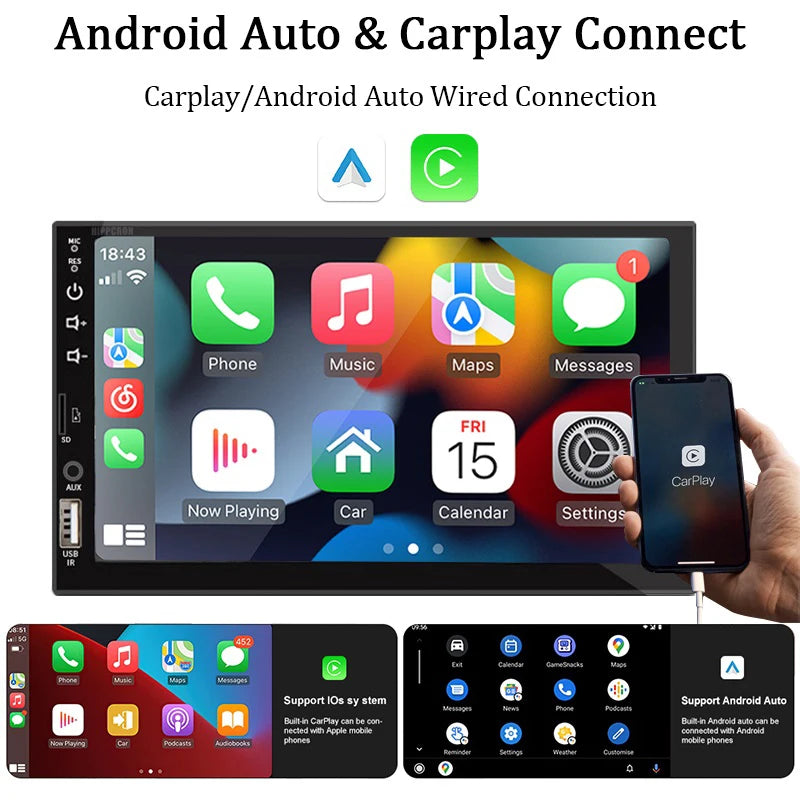 7“ Touch Screen Multimedia Player with CarPlay & Android Auto HD Reverse Camera Wireless Remote Control