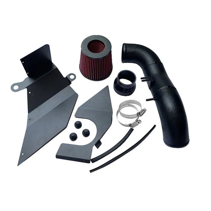 Collection of automotive parts including a black intake pipe, red air filter, and various metal components on a white background.